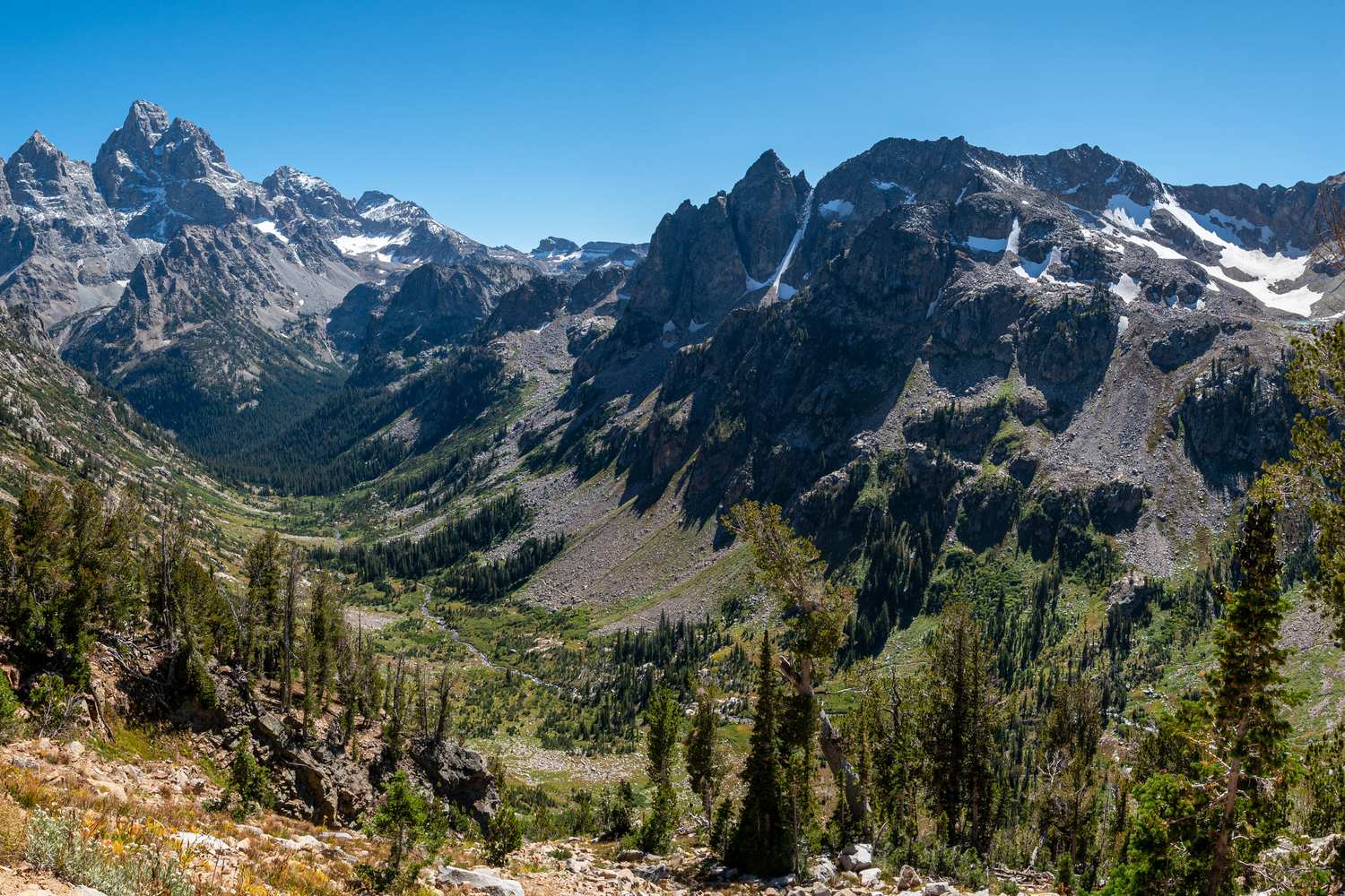 Cascade Canyon dropping away below the peaks of the Teton Range seen from Paintbrush Divide.